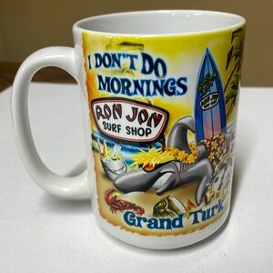 Ron Jon Surf Shop CUPPA Coffee Mug Party Tiki Style No Wake Zone Sharks on Beach